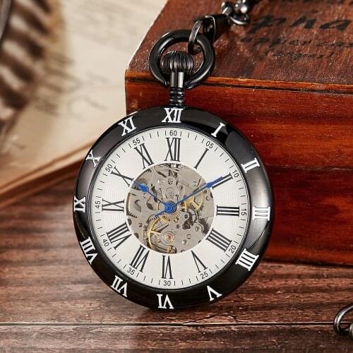 Classic Roman Gift Mechanical Pocket Watch carving Black Men Women Stylish Retro Fob Hand Wind Roman Numerals Clock
