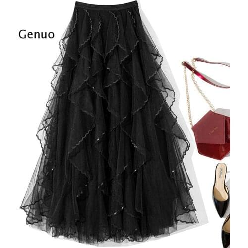 Black Skirt Ladies Ruffled Mesh Slim Pleated Skirt Fashion Zipper Long Lace Skirt Casual A-line Womens Clothing