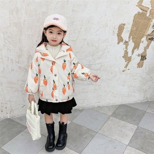 Girls Down Jackets Winter New Arrival Child Fashion Thick Hooded Coats Cute Carrot Print Zipper Cotton Coat For Girl Kids Jacket