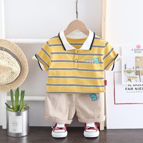 Summer Children Cotton Clothes Baby Boys Printed Cartoon O-Neck Strips Dinosaur T Shirt Shorts 2Pcs/Sets Kids Fashion Toddler