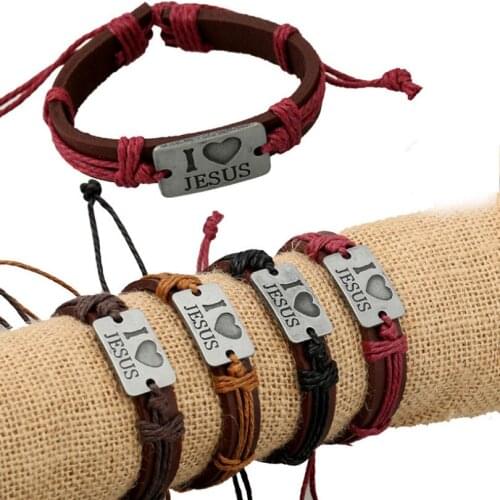 Fashion I Love Jesus Charm Bracelet Vintage Retro Genuine Leather Wrap Bangle Adjustable Wristbands Men Women Cross Jewelry Gift