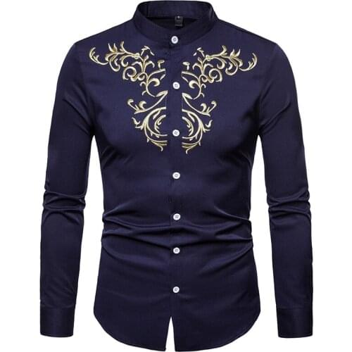 Fashion Mandarin Collar Embroidery Shirt Men 2021 Brand Long Sleeve Button Up Shirt Mens Party Business Casual Slim Fit Shirts