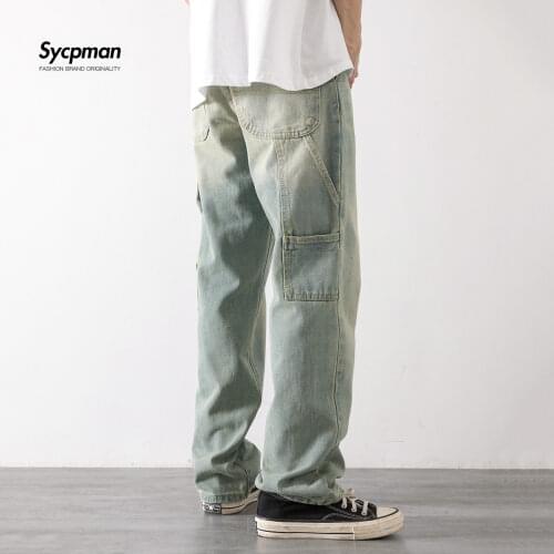 Nostalgic Vintage Jeans Men trend loose straight pants work clothes style Multi Pocket