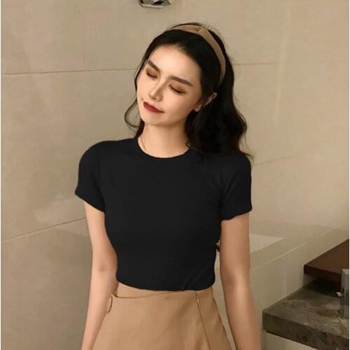 2021 Womens New Korean Ins Short-sleeved T-shirt Slim Student Solid Color Super Fire Shirts Womens Clothing Tops Tee