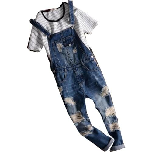 Nuevo Mono de mezclilla para hombre, mono de mezclilla azul claro Casual, pantalones vaqueros rasgados con bolsillos, pantalones