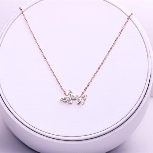 YUN RUO New Arrival Rose Gold Color Crystal Butterfly Pendant Necklace Fashion Titanium Steel Woman Jewelry Birthday Not Fade