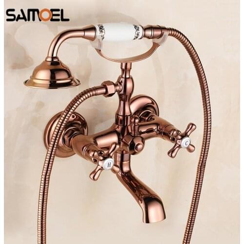 Luxury Classic Brass Rose Golden Shower and Bath Tub Faucet Set Wall Mount Dual Handles Bathtub Mixer Tap SF1059