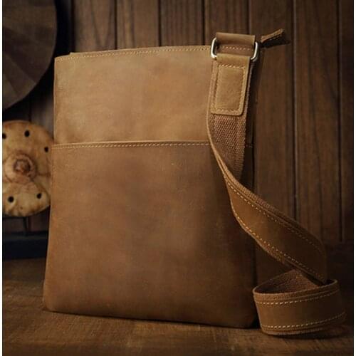 Handmade Crazy Horse Leather Mens Bag Shoulder Bag Mens Cowhide Vertical Simple Retro Leather Shoulder Messenger Bag Mens