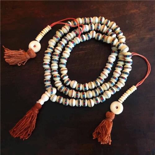 Tibetan Rosary 108PCS 10mm White Yak Bone Mediation Prayer Mala Inlay Metal Silk Bone Beads BRO820