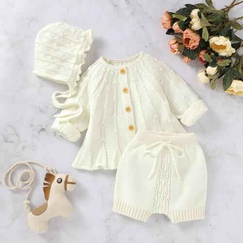2020 3-24M Knited Infant Baby Boy Girl Clothes Set 3pcs Winter Autumn Button Fly Coats Tops+Shorts+Hat Solid Outwear