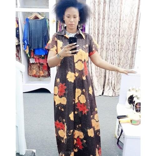 Nigerian Dresses For Women 2020 High Quality Floral Print Long Maxi Dress Short Sleeve Turn-down Collar Africa Vestidos
