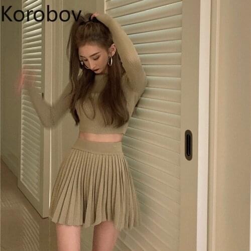 Korobov Vintage Solid High Waist A-LIne Skirts and Crop Top Knitted Women Clothing Korean Chic 2 Pieces Sets Female Outfits