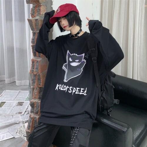 2021 Summer Gothic Long Sleeve Loose Oversized Womens T-Shirt Cute Kawaii Japanese Streetwear Anime Tops for Girls Punk Y2k