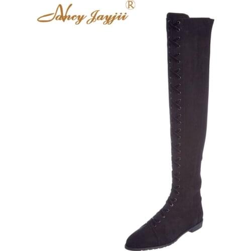 Woman Shoes Adult ladies Boots Over-the-knee Cross-Tied Low Square heels Winter Mature Leisure Casual Fashion Nancyjayjii 2019