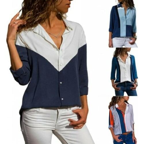 Womens Chiffon Casual Blouses Long Patchwork Office Tops T Shirt V Neck D