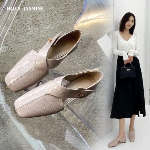 Shallow Chunky Heels Pumps for Women Genuine Leather Square Toe Concise Shoes Woman Heels 2021 Fashion Wqomen Working Shoes New