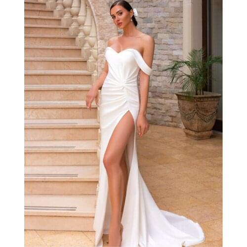 Sexy Long Off Shoulder Pleated Top Wedding Dresses with Slit Mermaid Satin Corest Back Robes De Mariée Bridal Gown For Women