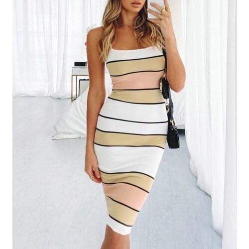 Sexy Women Striped Print Pencil Summer Dress 2021Patchwork Design Sling Sleeveless Slash Neck Backless Slim Hips Pullovers Dress