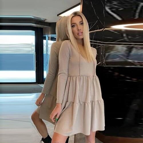 Dabourfeel Women Casual Hooded Dress Long Sleeve Loose Autumn And Winter Solid Color 2021 Fashion Sport Knee Dress Streetwear