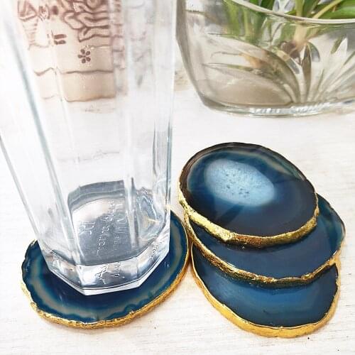 1pcs Crystal slice Natural Blue gilded edge agate slice Cup mat Healing