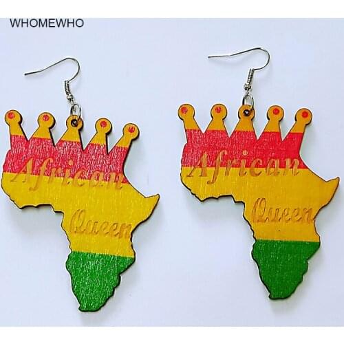 Laser Cut Wood Crown Colorful Printing Africa Map African Drop Earrings Women Wooden Fashion Hiphop Tribal DIY Vintage Jewelry