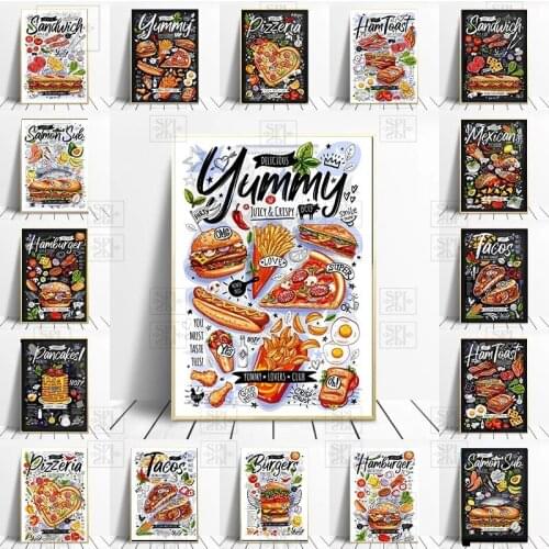 Food Restaurant Cafe Chalk Poster Pancake Recipe Fast Food Burger Canvas Painting Wall Art Picture Sandwich Prints Kitchen Decor