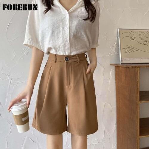 FORERUN Womens Suit Shorts High Waist Basic Summer Knee Length Short Pants Straight Solid Office Lady Long Shorts Top Quality