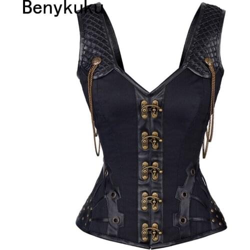 Steampunk Gothic Faux Leather Corset Bustier Femme Sexy Corsag Corselet Steel Bone Straitjacket Bodice Waist Trainer Body Shaper
