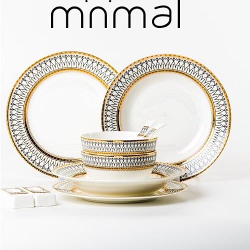 Fine Bone China Round Gold Stroke Ceramic Dinner Plate Set Porcelain Steak Tableware Rice Soup Bowl Spoon Dish Home Decoration