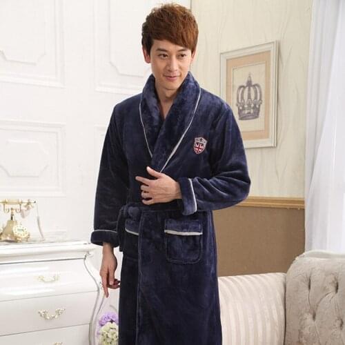 Men Winter Robe Solid Color Flannel Long Couple Bathrobes Thick Coral Fleece Polyester Pajamas