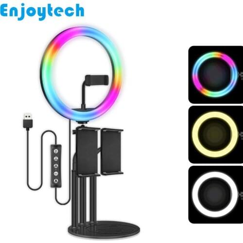 Tabletop Mount Holder with LED RGB Ring Flash Lamp Beauty Selfie Light Stand Tripod for iPad Tablets Mobile Phones Video Blogger