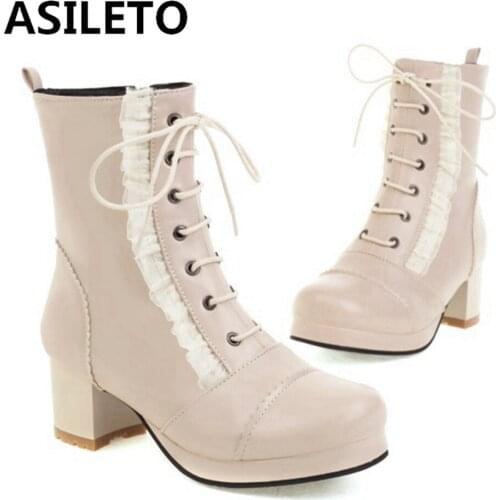 ASILETO Autumn Winter Ankle Short Boots Round toe Chunky Heels Zip Lace Up Lolita Ladylike Small Big Size 30-43 Black S2472