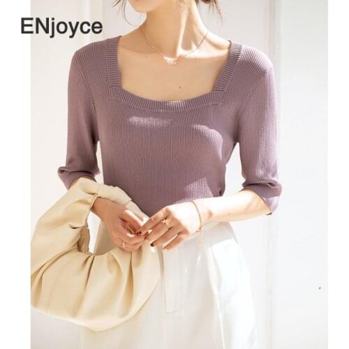 Elegant New Square Collar Knitted T-shirt Women Korean Style Casual Mid-sleeve Tee Fashion Silm Thin Sweater Tops Spring Summer