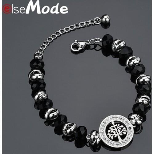 ELSEMODE Charm Tree Of life Crystal Bracelet Stainless Steel Cubic Zirconia Beads Religion Bangle For Women Girl Jewelry Gift