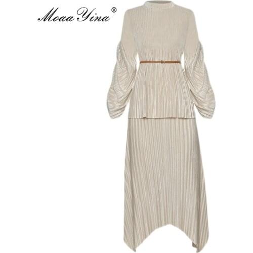 MoaaYina Fashion Designer Suit Spring Summer Women Lantern Sleeve Loose Lace-up Tops+ Asymmetrical skirt Pleated Two-piece set