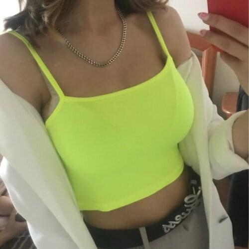Hot casual neon green crop top women camis streetwear slim sexy summer top 2019 strap cropped neon tops haut femme