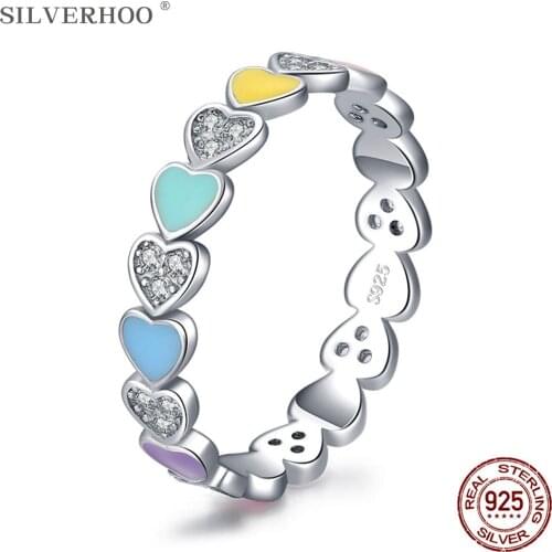 SILVERHOO Authentic 925 Sterling Silver Rainbow Colorful Hearts Enamel CZ Finger Ring For Women Wedding Engagement Jewelry