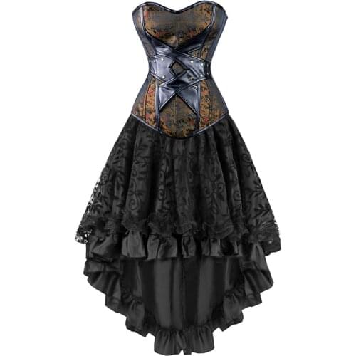 Womens Sexy Gothic Victorian Steampunk Corset Dress Leather Overbust Corsets and Bustiers Skirt Party Waist Trainer Costume