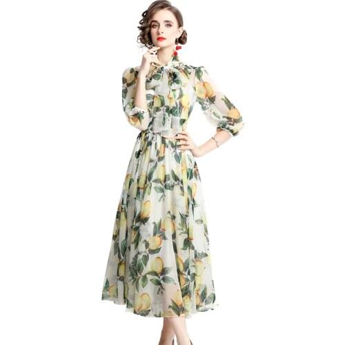 Summer Vacation Runway Dress Women Bow Tie Floral Print Elegant Flowy Chiffon Dresses Ladies Midi Dress Vestidos k6663