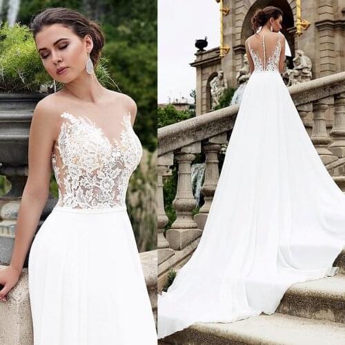 Elegant Chiffon Sheer Jewel Neckline See-through A-line Wedding Dress Illusion Back Bridal Dress vestidos de novia cortos