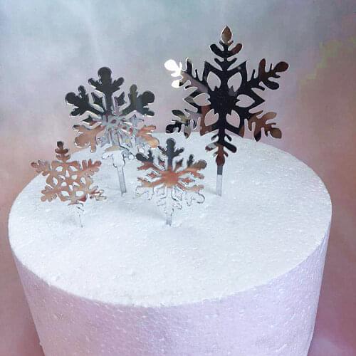 4pcs/set Winter White Glitter Silver Snowflake Acrylic Christmas Cake Decoration Merry Christmas Cake Topper Party Supplies