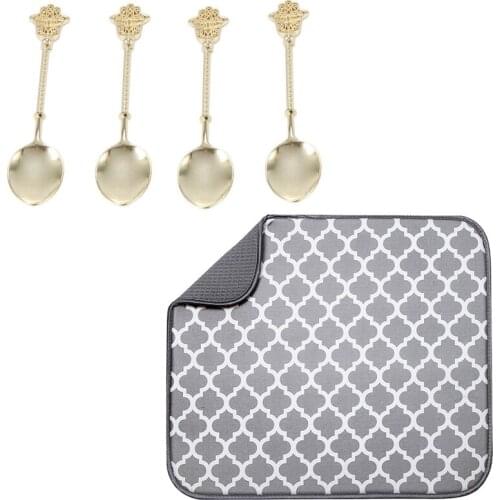 4Pcs Vintage Gold Spoon Coffee Ice Cream Dessert Spoons with Kitchen Suction Mat Tableware Cup Bowl Dish Drain Pad