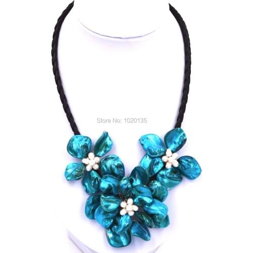 Blue shell flower white pearl baroque necklace 18inch wholesale beads nature gift discount FPPJ