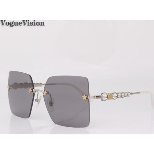 Rimless square sunglasses women with crystal stone on temples