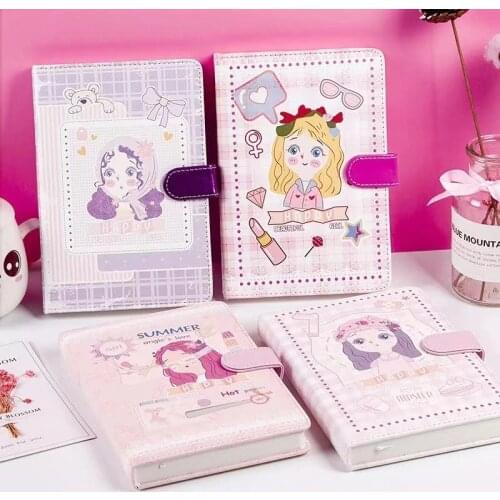 Cartoon girl magnetic clasp hand ledger cute Korean version diary color page girl heart notebook pu notepad