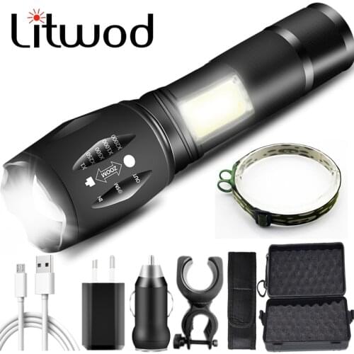 Litwod 103C USB Rechargeable Led Flashlight XM-L T6 & COB Waterproof Aluminum Torch Zoomable for Camping 18650 Battery Lantern