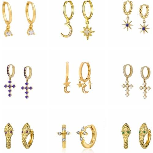 Trendy Copper Snake Cross Hoop Earrings for Women Simple Gold Color Vintage CZ Pendant Earring Fashion Jewelry orecchini donna