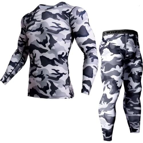 Plus Size 2 Piece Mens 3D T Shirt Long Sleeve Compression Quick Dry Sportswear T-Shirt Camouflage MMA Rashguard T Shirt