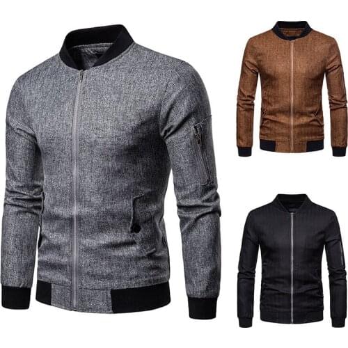 Mens Jacket Long Sleeve Stand Collar Solid Color Linen Cardigan Jacket Coat with Zipper Casual Slim Type Tops