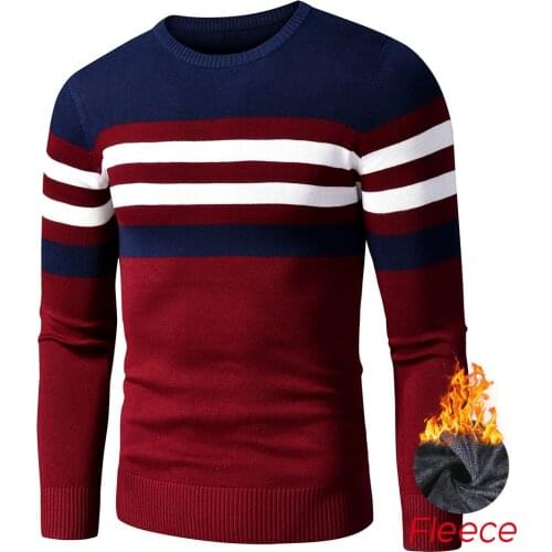 2021 New Autumn New Casual Striped Thick Fleece Cotton Sweater Pullovers Men Outfit Fashion Vintage O-Neck Coat Sweater Men
